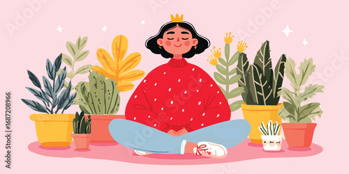 A serene illustration captures a person in a mindful meditation session among lush plants. The scene radiates tranquility and the beauty of nature. 