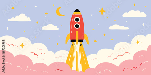 An illustrated rocket ship ascends through a whimsical sky, leaving a fiery trail in its wake, suggesting dreams and exploration. 