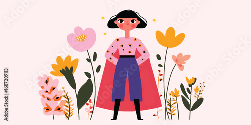 A determined woman stands tall, radiating strength and resilience amidst a vibrant floral garden, symbolizing empowerment and inner fortitude.
