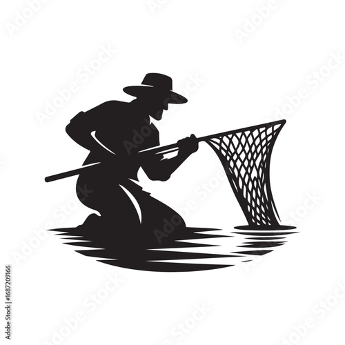 fisherman casting net vector silhouette clip art logo design illustraiton.