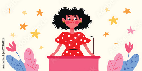 An empowering depiction of a woman giving a speech, filled with motivation. She commands attention and embodies strength, standing at a lectern in a vibrant environment with floral and star motifs. 