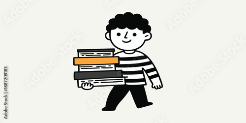 A cheerful child carries a stack of books in this charming illustration, highlighting the joy of learning and the pursuit of knowledge.