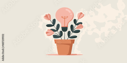A captivating illustration that envisions a creative concept, where a light bulb blossoms into a pot with flowers, sparking innovation and growth in a visually appealing, gentle way.