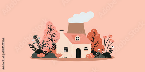 A charming home, nestled amongst a lush garden, releases a plume of smoke, symbolizing warmth and comfort.
