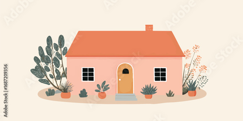 A charming illustration of a cozy house, nestled among lush greenery, radiating a sense of warmth and domestic bliss.