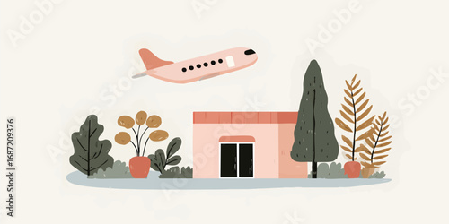 A cartoon airplane takes off gracefully from a modern building, representing a journey. Surrounded by charming potted plants and verdant trees. The picture showcases an artistic perspective.