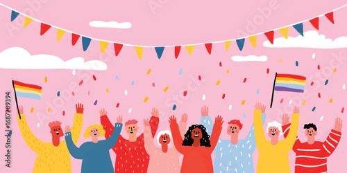 A vibrant illustration of an inclusive celebration, where a diverse group unites in a jubilant display of pride, with the colors of the rainbow as a central theme.