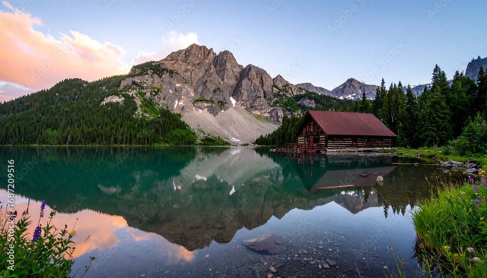 Fototapeta premium Mountain lake cabin reflection at dawn