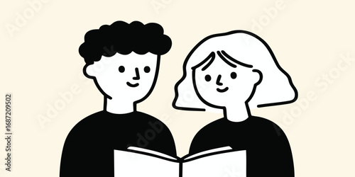 An illustration of a smiling couple is absorbed in reading a shared book, their faces close together, evoking a sense of quiet intimacy and shared knowledge.