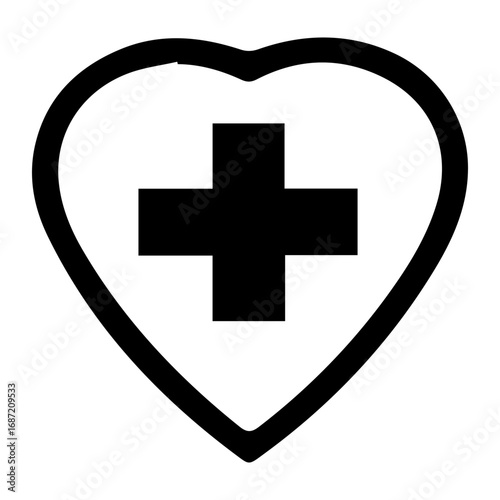 A black and white image of a heart with a cross and a medical cross. Concept of care and concern for one's health