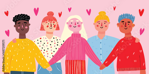 An illustration showcasing a harmonious group of friends, diverse in both appearance and background, symbolizing unity, love, and the strength found in friendship.