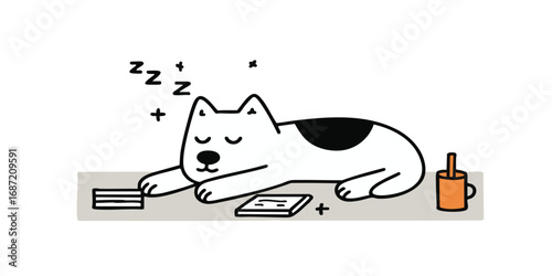 A cartoon cat lies contentedly on a desk, sleeping peacefully, with the iconic zz symbols above its head. Beside it are a book and cup, creating a scene of tranquility and relaxation.