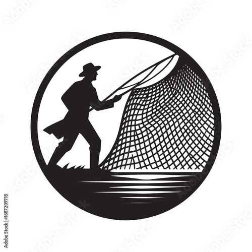 fisherman casting net vector silhouette clip art logo design illustraiton.