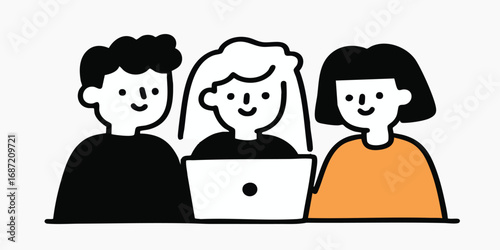 In a simple yet impactful illustration, a trio of diverse individuals collaborates, their faces alight with focus as they huddle around a laptop.