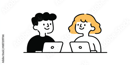 Two colleagues collaborate on a project, each engrossed in their laptop, an illustration of teamwork, cooperation, and mutual endeavors.