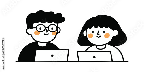 Two creative individuals collaborate, their eyes fixed on laptop screens, sharing a moment of focused teamwork and innovative synergy.