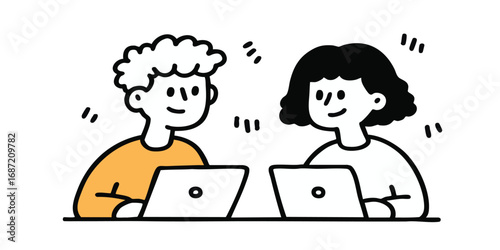 Two individuals, engrossed in work on their laptops, engage in a friendly conversation, captured in a vibrant illustration, which underscores the modern work and communication dynamics.