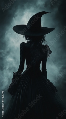The silhouette of a woman wearing a witch's hat against a cloudy sky conveys mystery and mysticism, making it suitable for themed events and artistic projects.