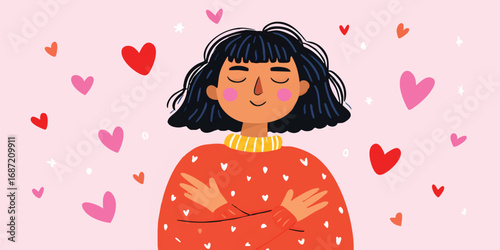 An artistic illustration captures a serene figure, enveloped in self-love and surrounded by floating hearts. This image radiates warmth and acceptance.
