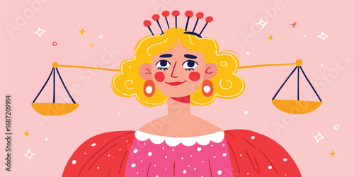 An illustration of Libra zodiac with scales and crown, embodying balance and fairness, perfect for astrological content.