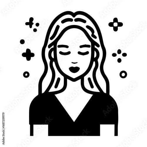 A woman with long hair is smiling and looking to the right. The image is black and white and has a peaceful, calming mood
