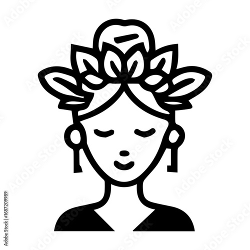 A woman with a flowery headband and earrings