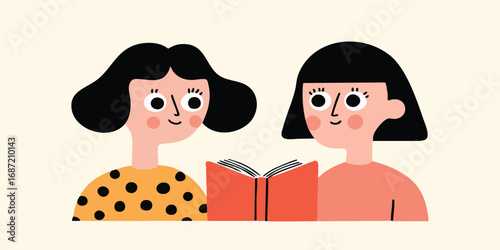 Two young women bond over a book, the scene awash with a warm, inviting atmosphere. A shared moment of quiet intimacy. 