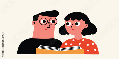 A couple sharing a moment of quiet connection, absorbed in a book and each other, in a heartwarming illustration. 