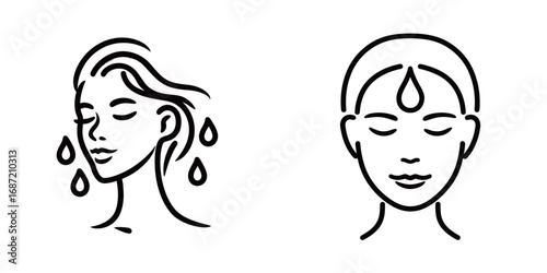 Two stylized illustrations depict a serene woman with flowing hair and water droplets, symbolizing tranquility and relaxation. Both designs highlight a calm expression.