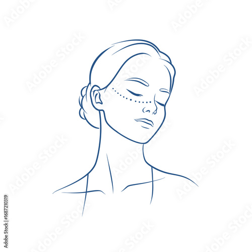 A detailed outline of a womans face illustrating contouring lines for cosmetic procedures. The artwork showcases techniques for enhancing facial features naturally and subtly.