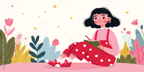 A young girl, adorned in polka-dotted attire, finds serenity as she writes in her journal amidst a blossoming garden. The scene is painted with soft, inviting hues.
