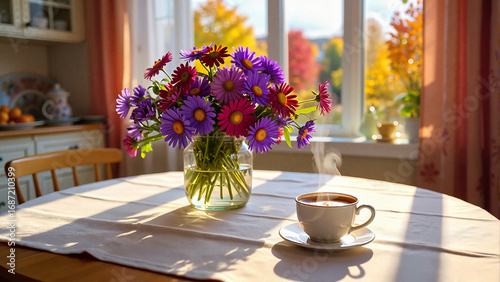 Sunny autumn morning, bouquet of flowers in a glass vase, steaming cup of coffee on the table, autumn landscape outside the window