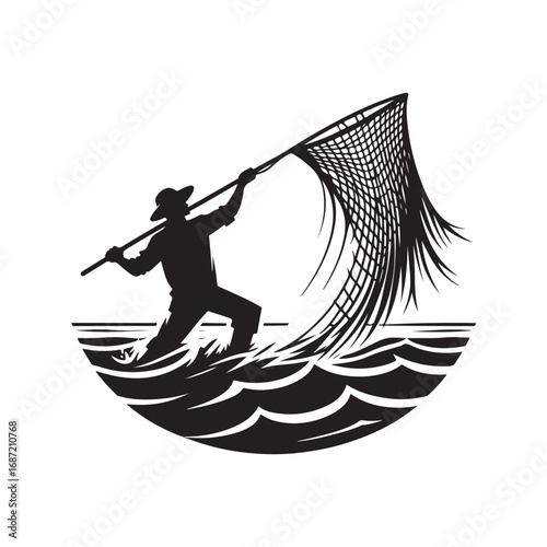 fisherman casting net vector silhouette clip art logo design illustraiton.