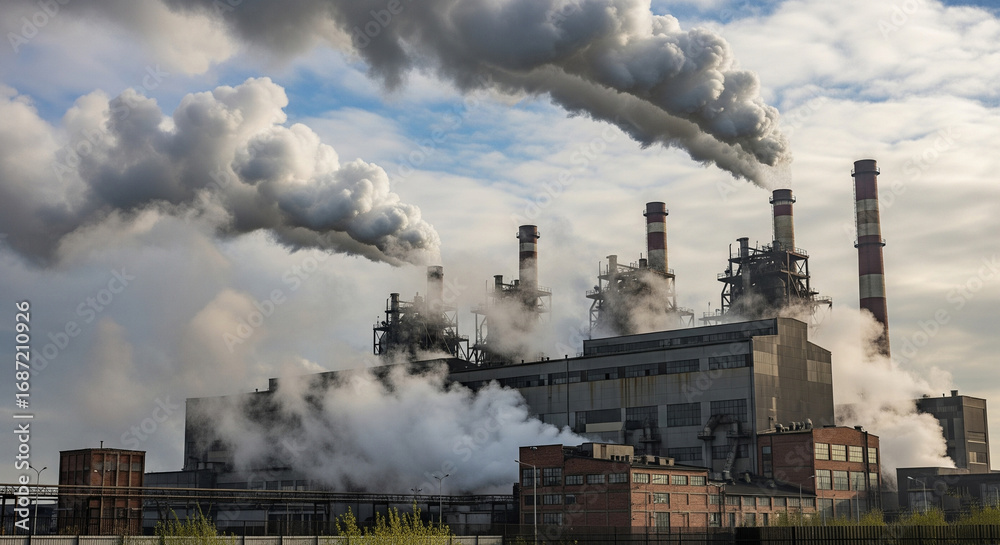 Fototapeta premium Industrial smokestacks billow thick smoke into the sky, representing air pollution from a large factory complex.