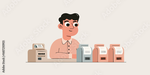 A friendly cashier attends the counter, surrounded by minimalist packaging, creating a inviting environment.