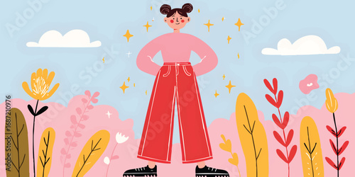 A confident woman is shown. She is standing proud surrounded by nature, radiating an aura of empowerment and self-assurance. The image showcases a blend of joy and inner peace.