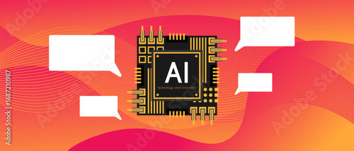 Artificial intelligence chip concept. Horizontal technological background with imitation of computer communication. Technology development. Orange back with lines. Hand drawn back in flat style