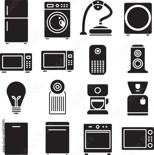 Household Appliance Icons Including Refrigerators and Microwaves vector illustration