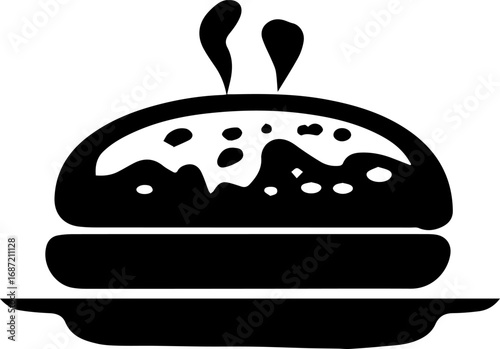 Black and white drawing of a hamburger with a bun and a plate. The hamburger is hot and has a lot of toppings