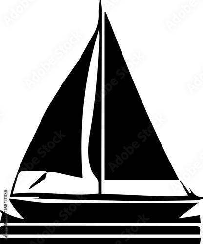 Black and white sailboat on a white background. The sailboat is the main focus of the image