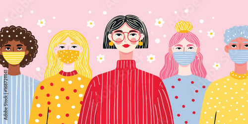 A group of diverse individuals in a health-conscious portrayal wearing protective face coverings, against a soft pink background, showcasing both unity and the importance of safety.