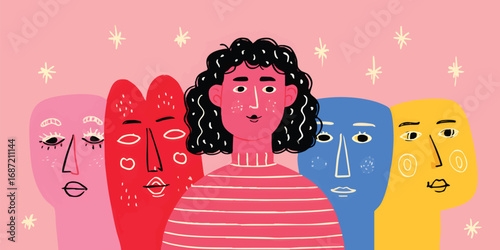 A unique illustration portraying a group of vibrant, abstract faces. The design celebrates individuality and expression. 