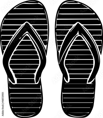 Pair of black flip flops with white stripes. The flip flops are laid out on a white background