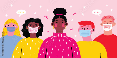 A gathering of masked individuals stands together, highlighting health, safety, and community awareness through their facial coverings.