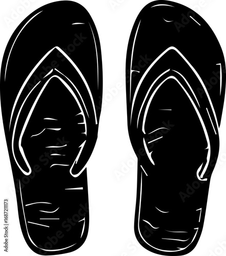 Two black flip flops with a white background. The flip flops are worn by a person