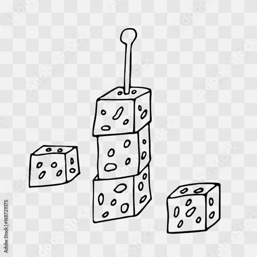 Cheese canape on red skewer with cheese cubes. Cheese with holes, maasdam. Buffet serving. Dessert cheese. Hand drawn clip art in outline doodle style. Isolated on transparent back. Simple draw