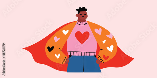 An illustration of a confident individual wearing a heart-adorned cape and sweater, expressing affection and self-assuredness, embodying a spirit of love.