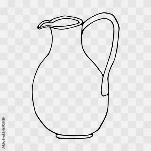 Large empty clay jug. Hand drawn clip art in outline doodle style. Isolated on transparent back. Cozy rustic drinkware. Natural and eco-friendly farm milk, water dishware.