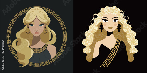 Two artistic representations of women with long, flowing blonde hair and intricate accessories.