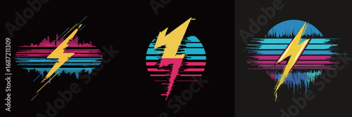 Bold lightning bolt designs feature vibrant colors and patterns on dark backgrounds. Each design uses neon shades to create an electrifying visual impact appealing to graphic design enthusiasts.